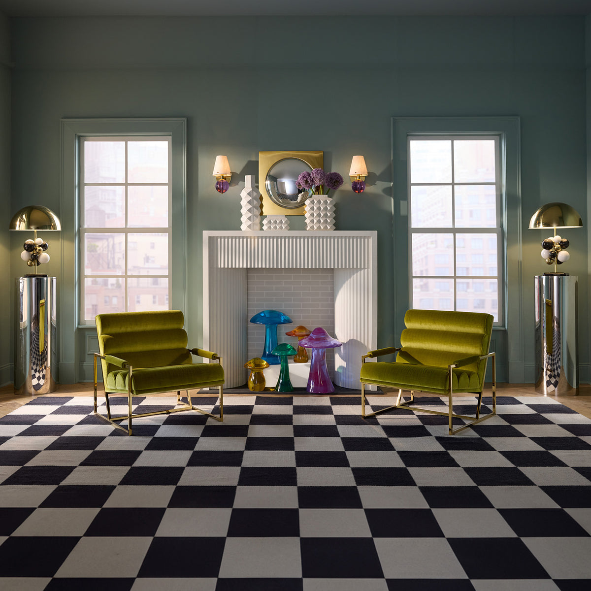 large scale checkerboard flat weave rug with goldfinger chair