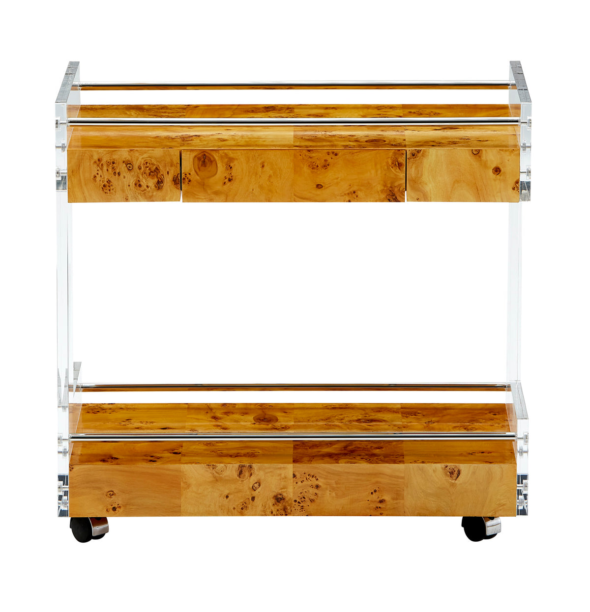 bond bar cart burl wood clear acrylic - front view