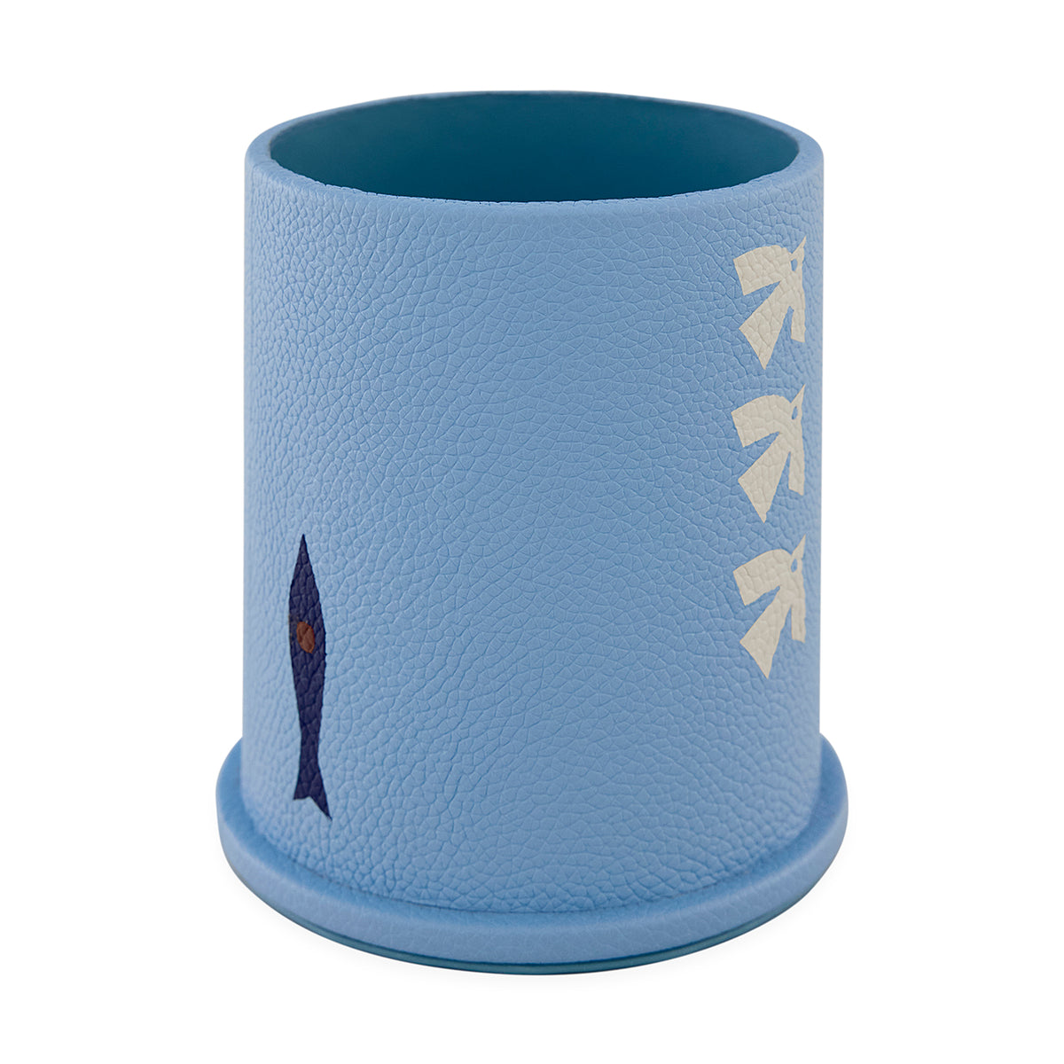 Blue textured cup with fish design on a white background