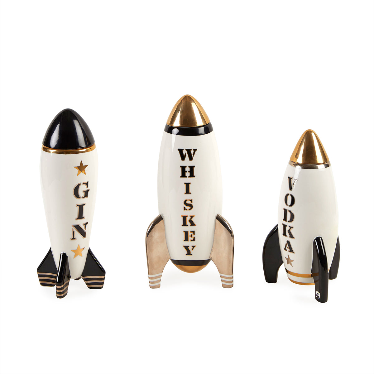 whiskey rocket decanter porcelain white black gold open - angle view