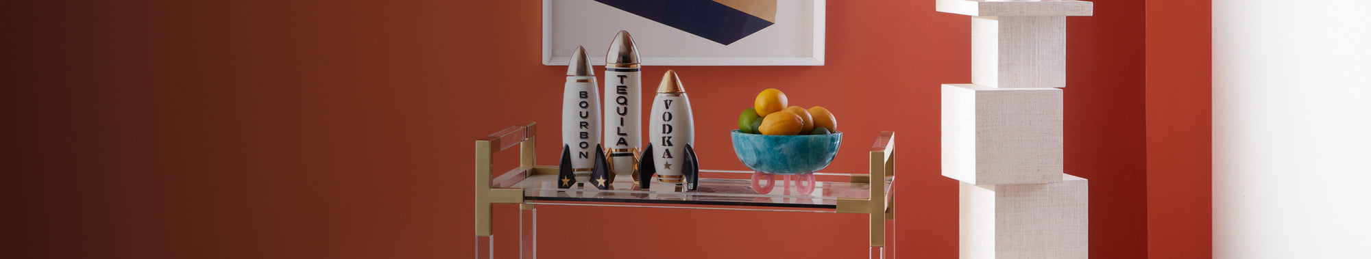 Barcart with rocket-shaped bottles