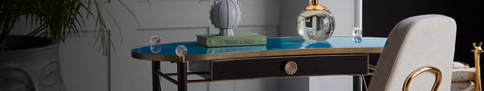 Blue desk with lamps