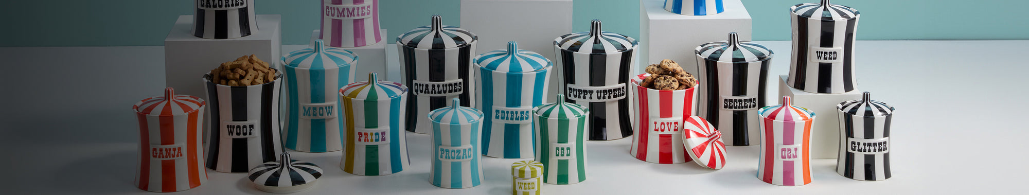 Colorful striped ceramic canisters