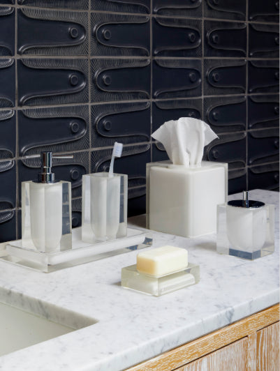 Hollywood Bath accessories in clear acrylic and white in bathroom 