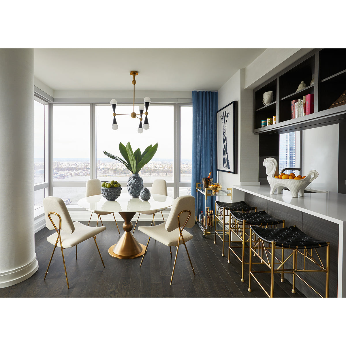 caracas six-light chandelier caracas dining table maxime dining chairs - styled view
