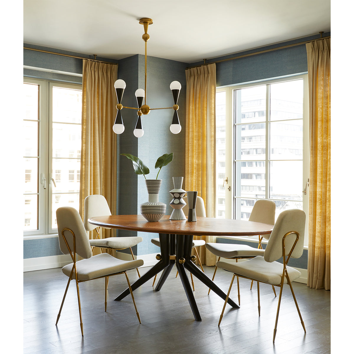 caracas six-light chandelier trocadero dining table maxime dining chairs - styled view