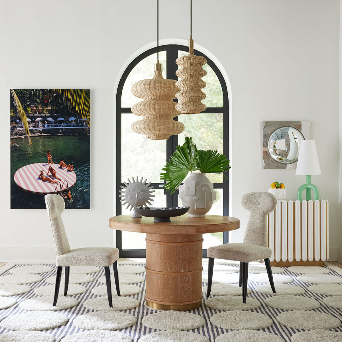 brussels dining table caprice dining chairs large brass ripple pendant - styled view