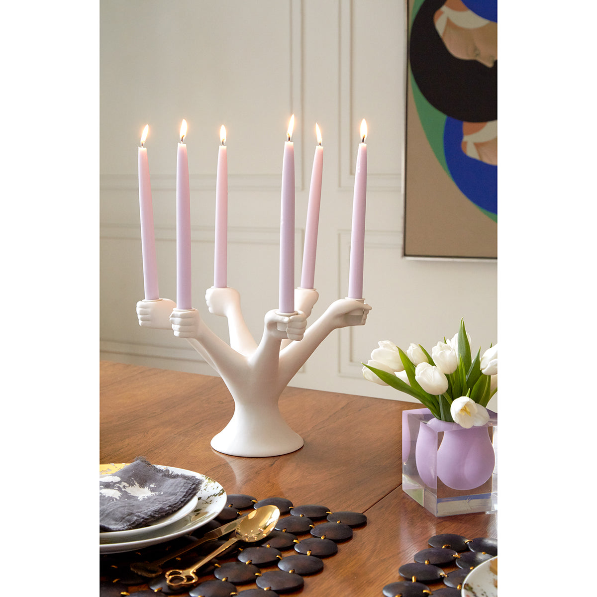 eve candelabra with lit candles - styled view