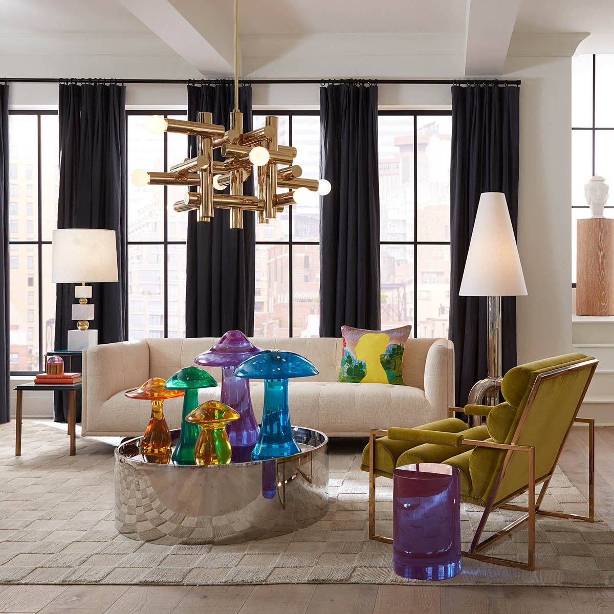 Acrylic Mushroom Objet Yellow with Claridge Sofa