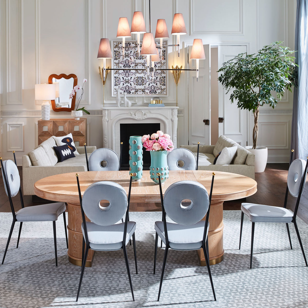 brussels dining table extended rondo dining chairs - styled view
