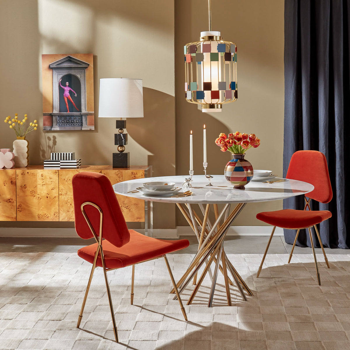 electrum dining table maxime dining chairs miami pendant - styled view