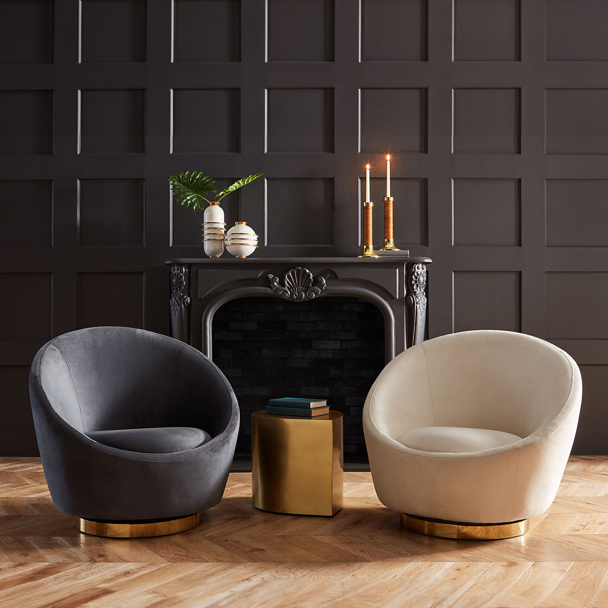 ether swivel chair bergamo snow velvet brass base - front view