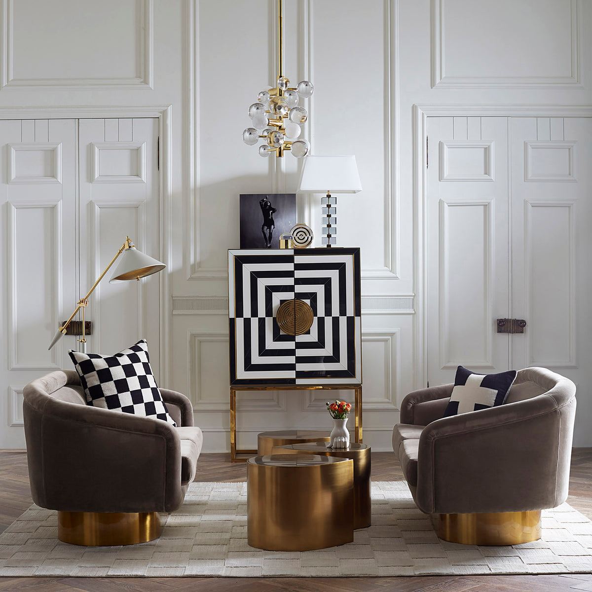 op art bar brass teardrop tables globo five-light chandelier living room - styled view