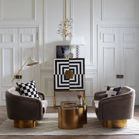 op art bar brass teardrop tables globo five-light chandelier living room - styled view