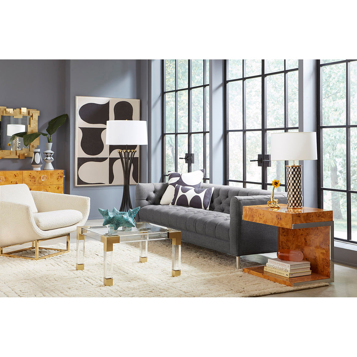 bond cantilevered side table baxter sofa jacques cocktail table beaumont lounge chair living room - styled view