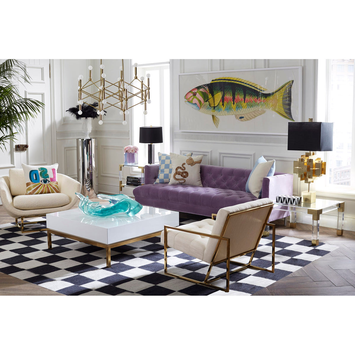 giant acrylic hand bowl peking cocktail table baxter t-arm sofa living room - styled view