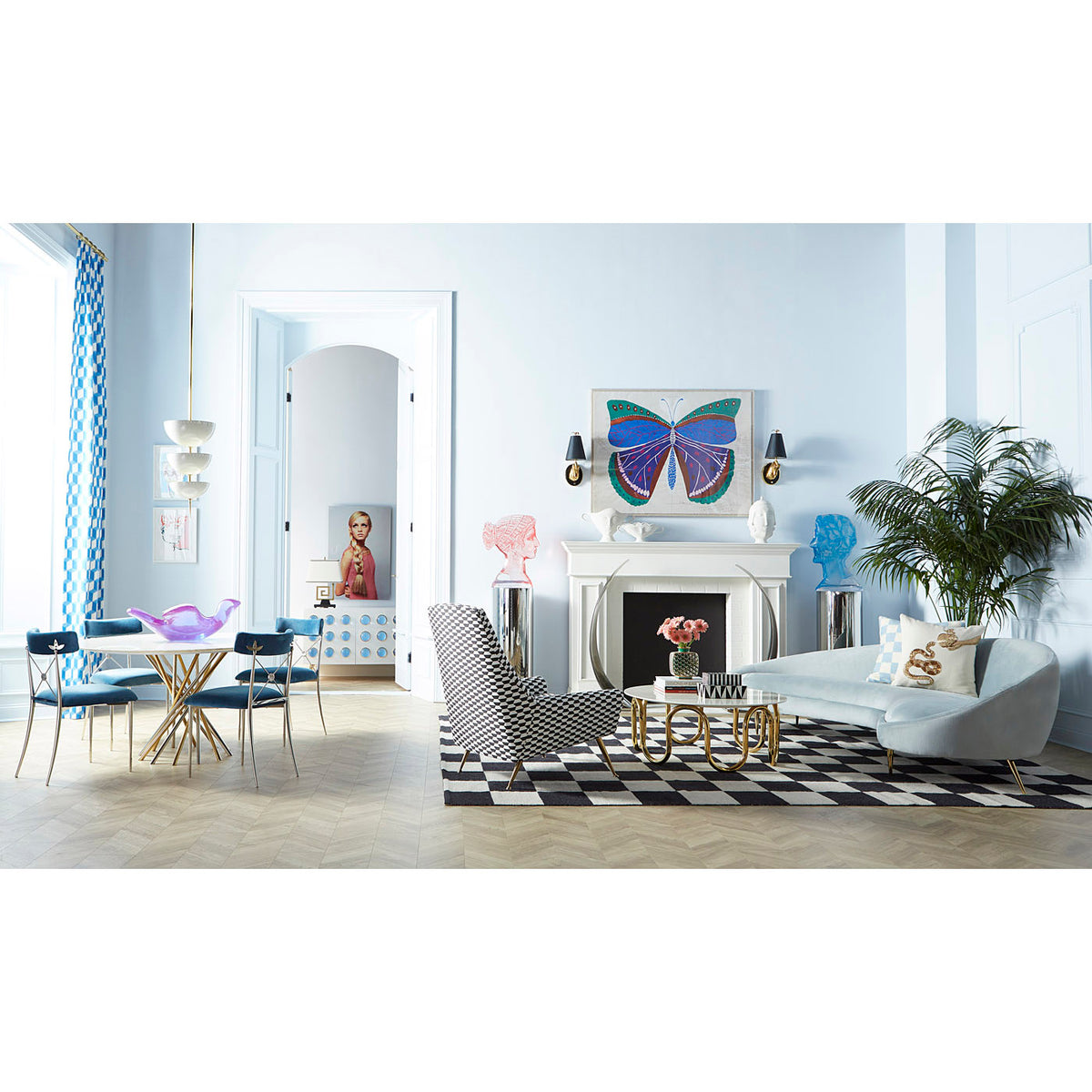 electrum dining table white marble rider dining chairs - styled view