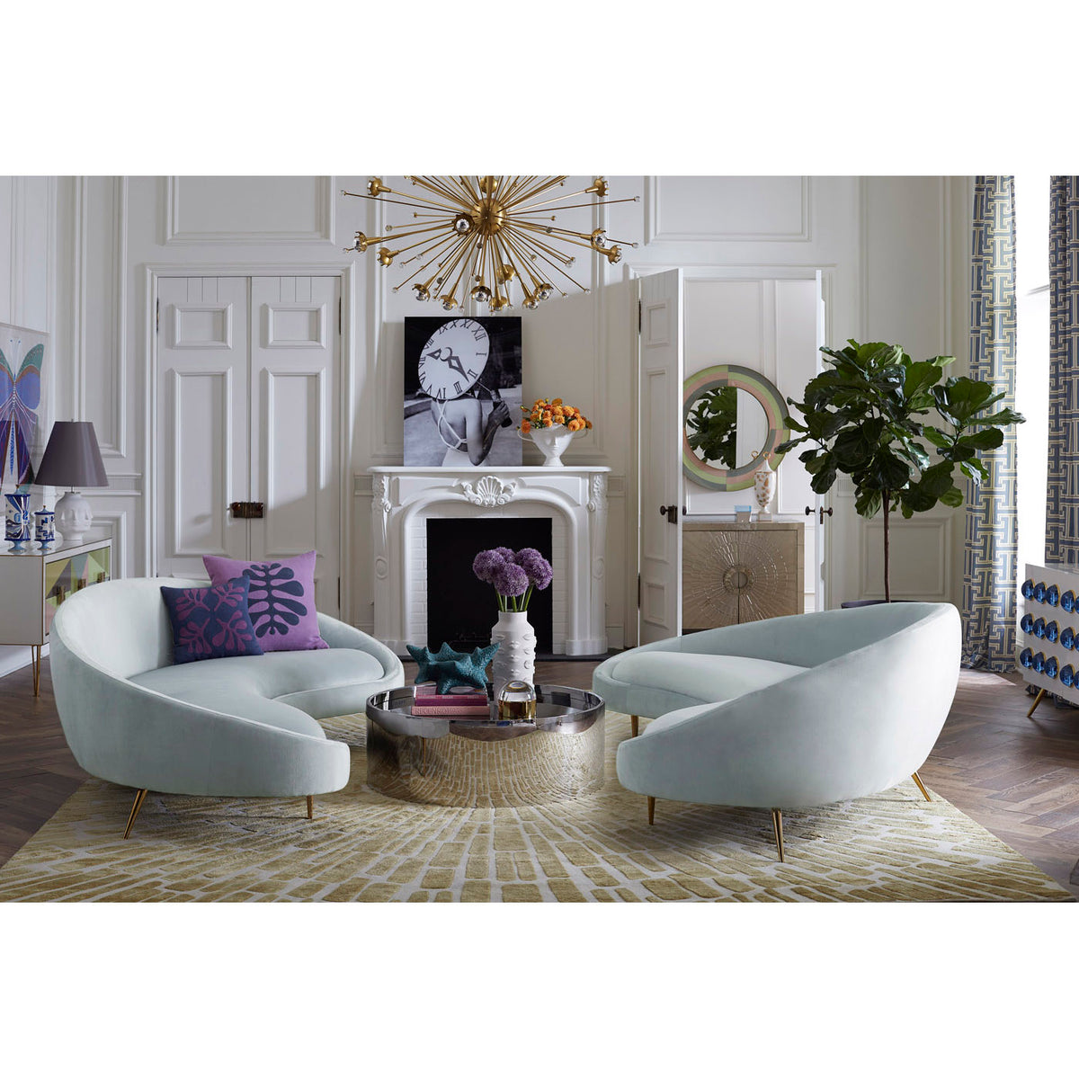 ether curved sofas alphaville cocktail table living room - styled view