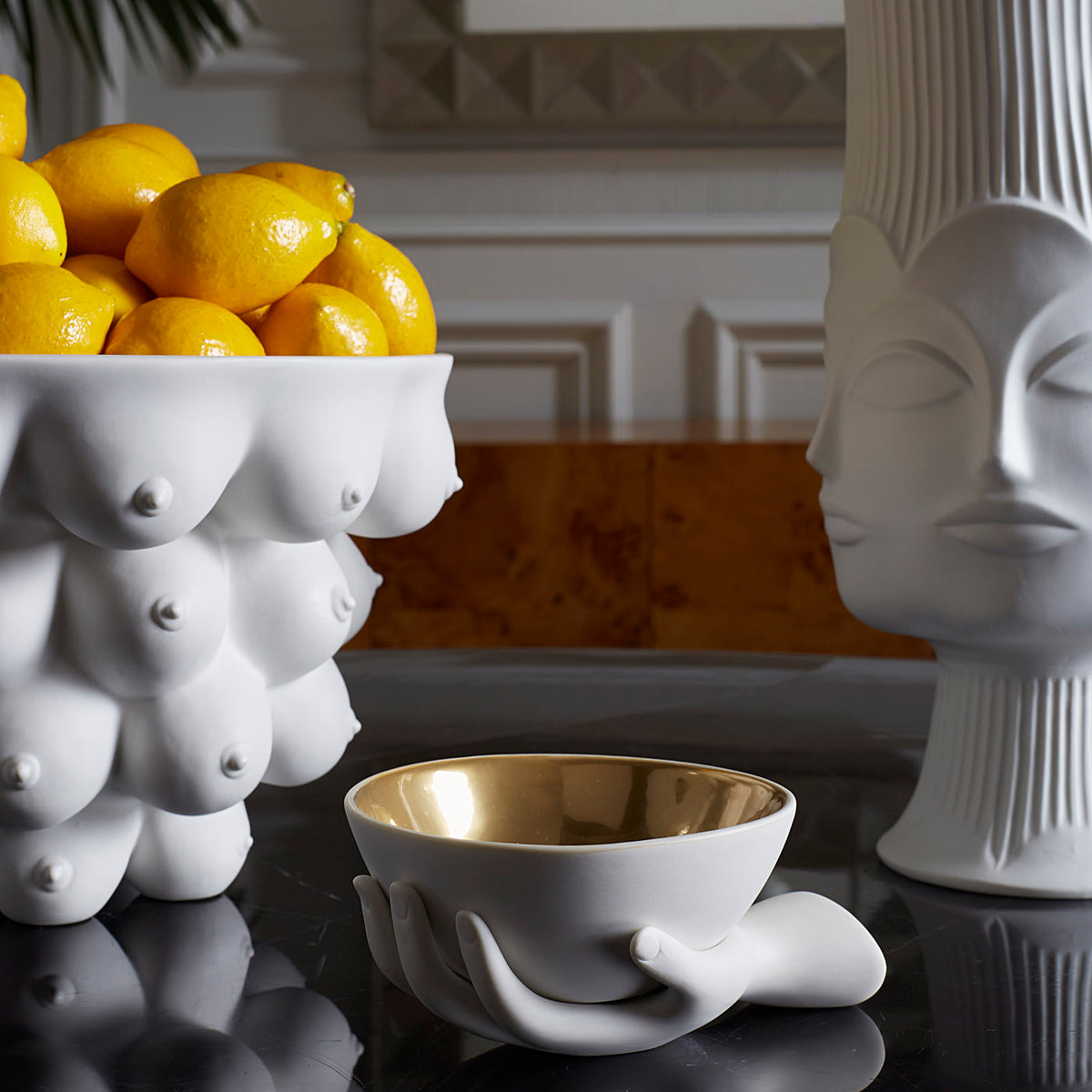 eve accent bowl porcelain white interior gold - side view