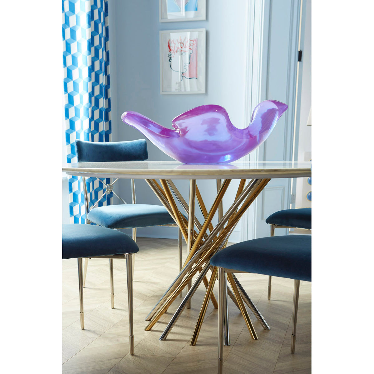 electrum dining table white marble rider dining chairs giant acrylic bird bath purple - detail styled view