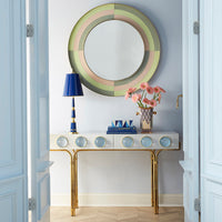 versailles buffet lamp with painted shade blue brass globo console - styled view