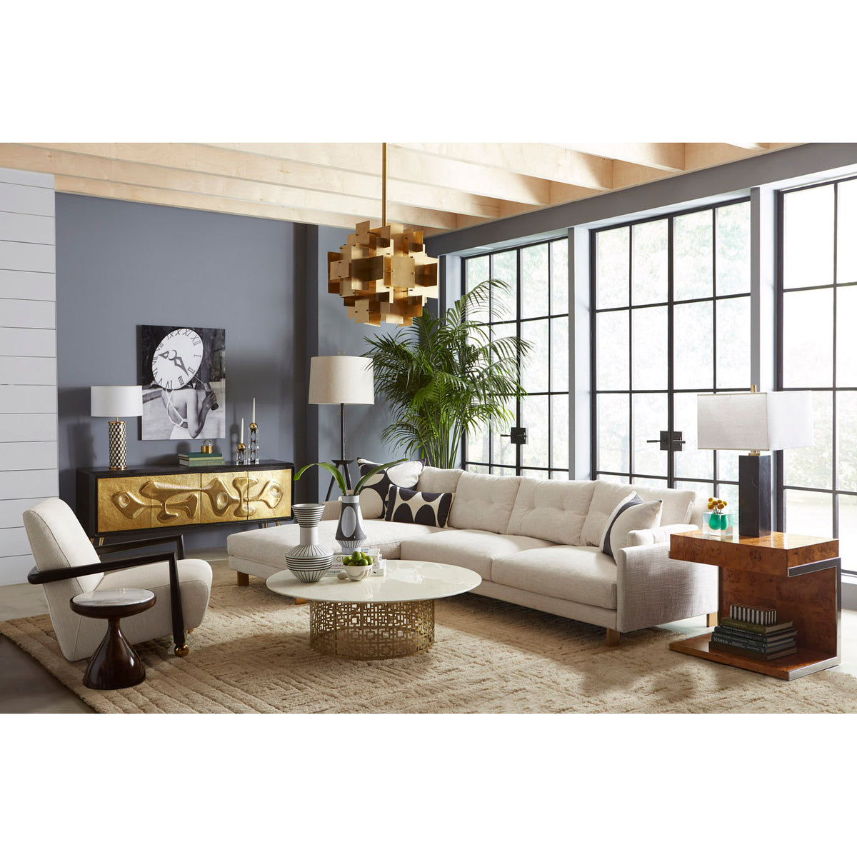 bond cantilevered side table nixon cocktail table st. germain club chair living room - styled view
