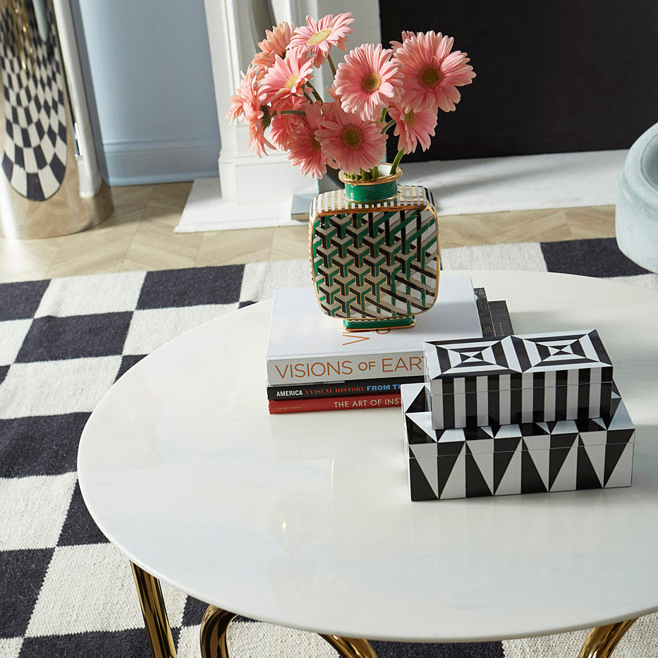 op art lacquer boxes stacked alphaville cocktail table beaumont settee living room - styled view