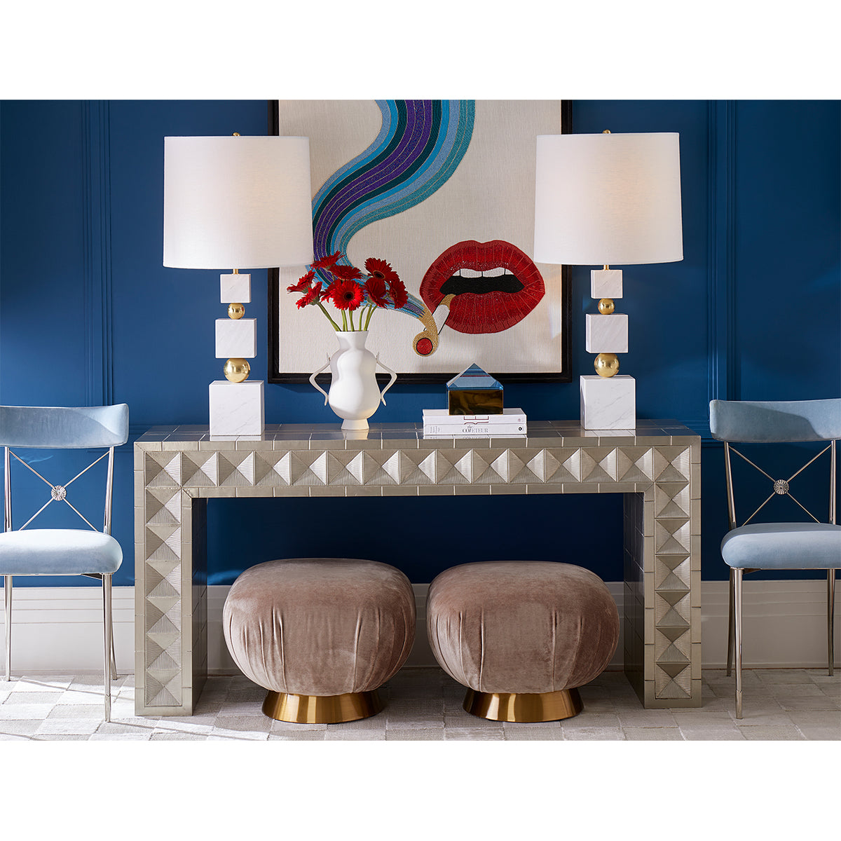 smolder beaded wall art totem table lamps talitha waterfall console - styled view