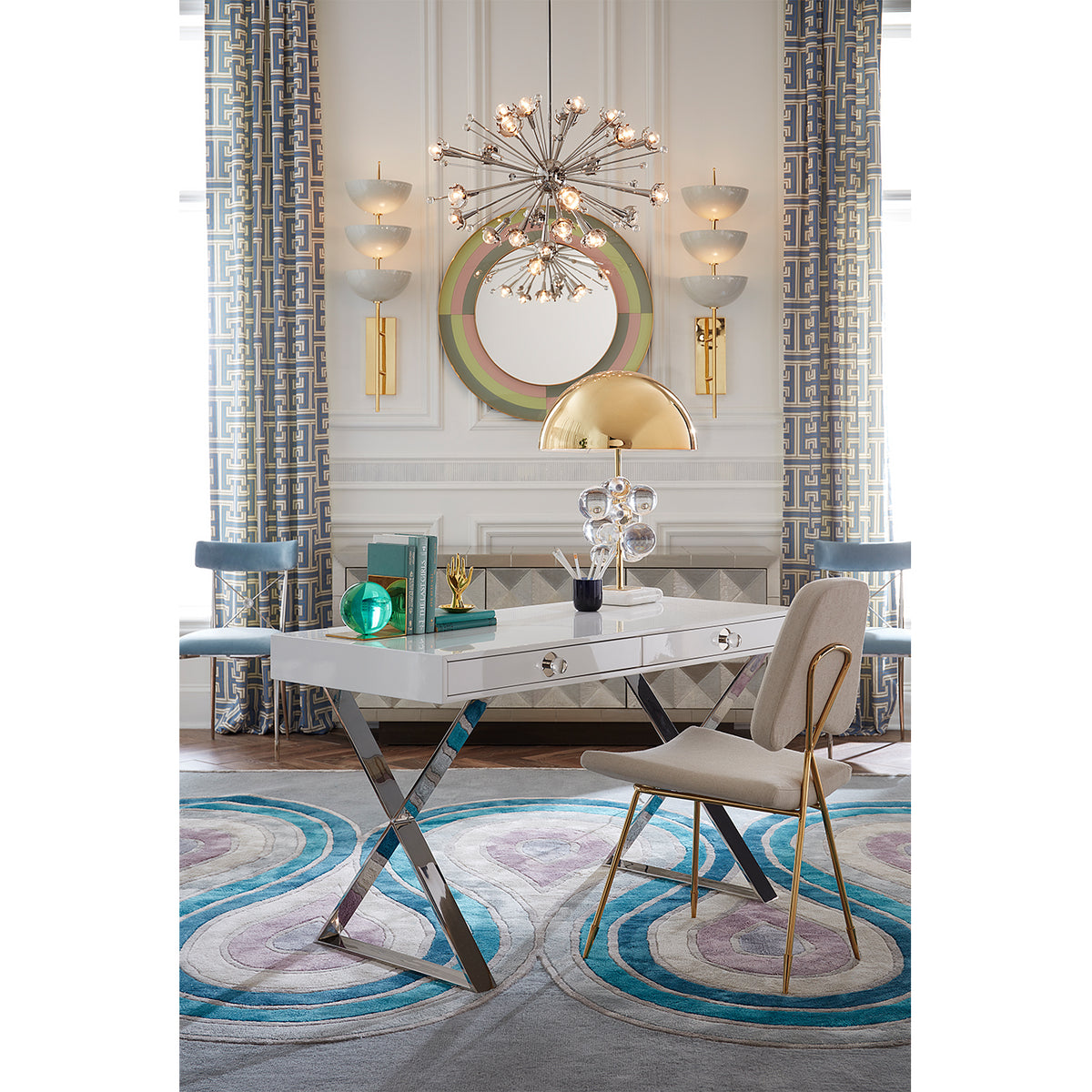 sputnik chandelier channing desk maxime dining chair home office - styled view