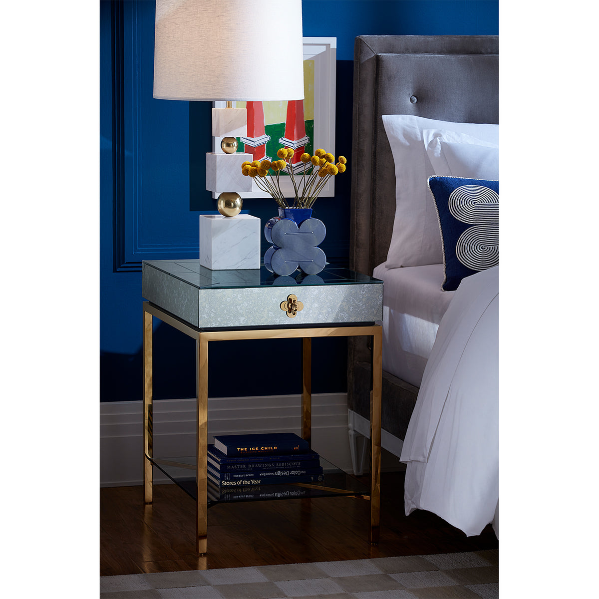 delphine tall side table totem table lamp lampert bed bedroom - detail style view