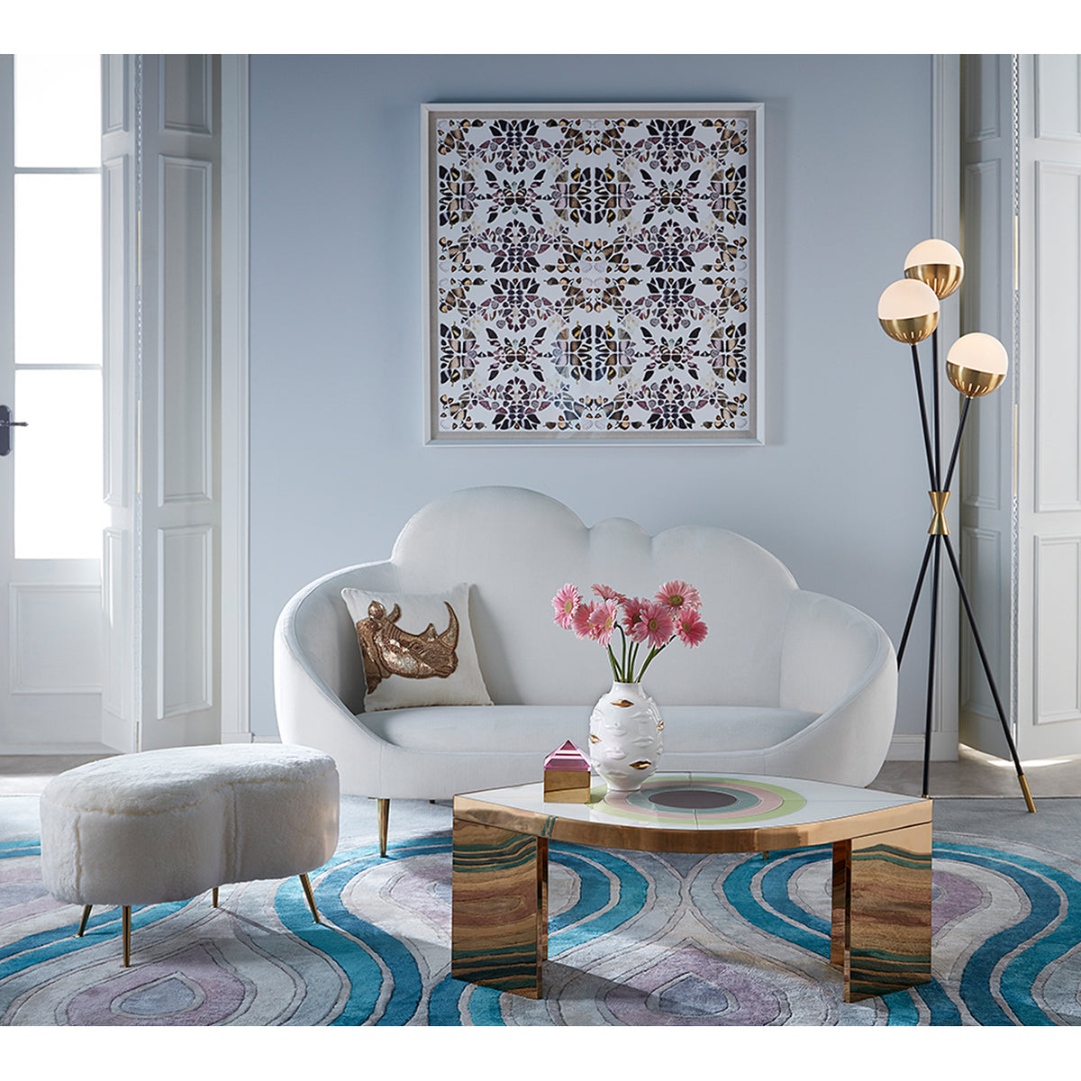 gilded gala round vase harlequin eye cocktail table ether cloud settee living room - styled view