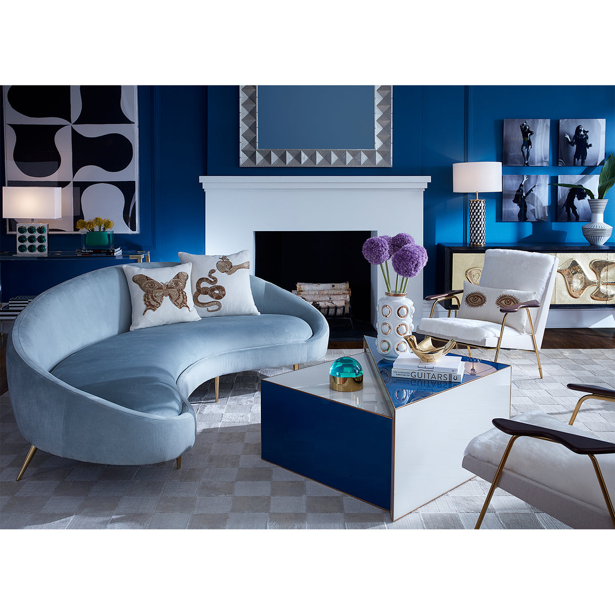 ether curved sofa torino nesting cocktail table ingmar chairs living room - styled view