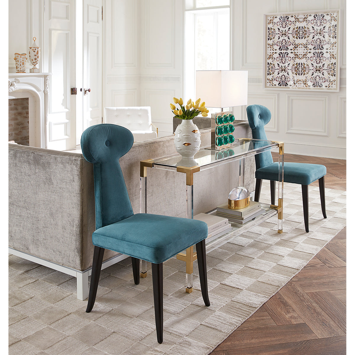 gilded gala round vase jacques console vera dining chairs living room - styled view
