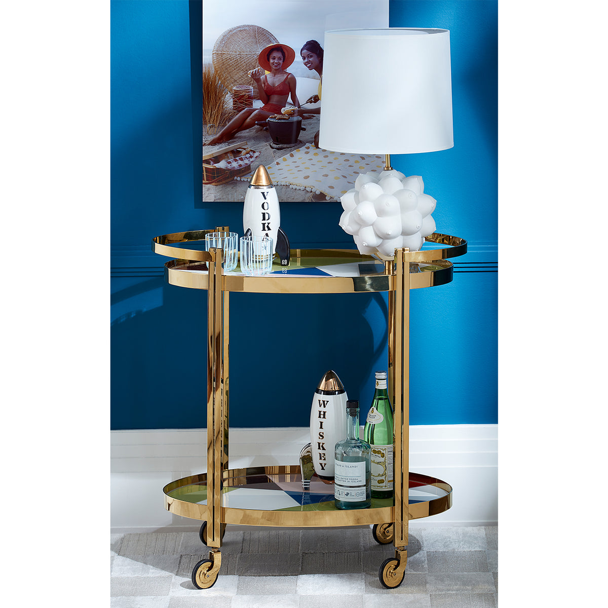 torino bar cart rocket decanters georgia table lamp - styled view 2