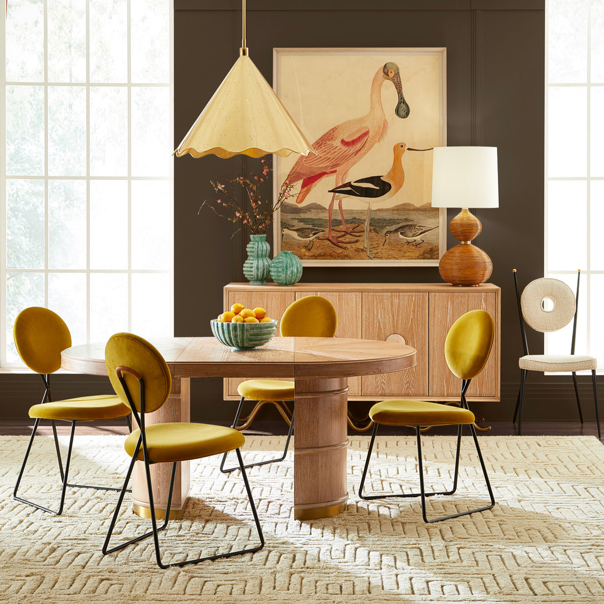 brussels dining table extended caprice dining chairs large brass ripple pendant - styled view