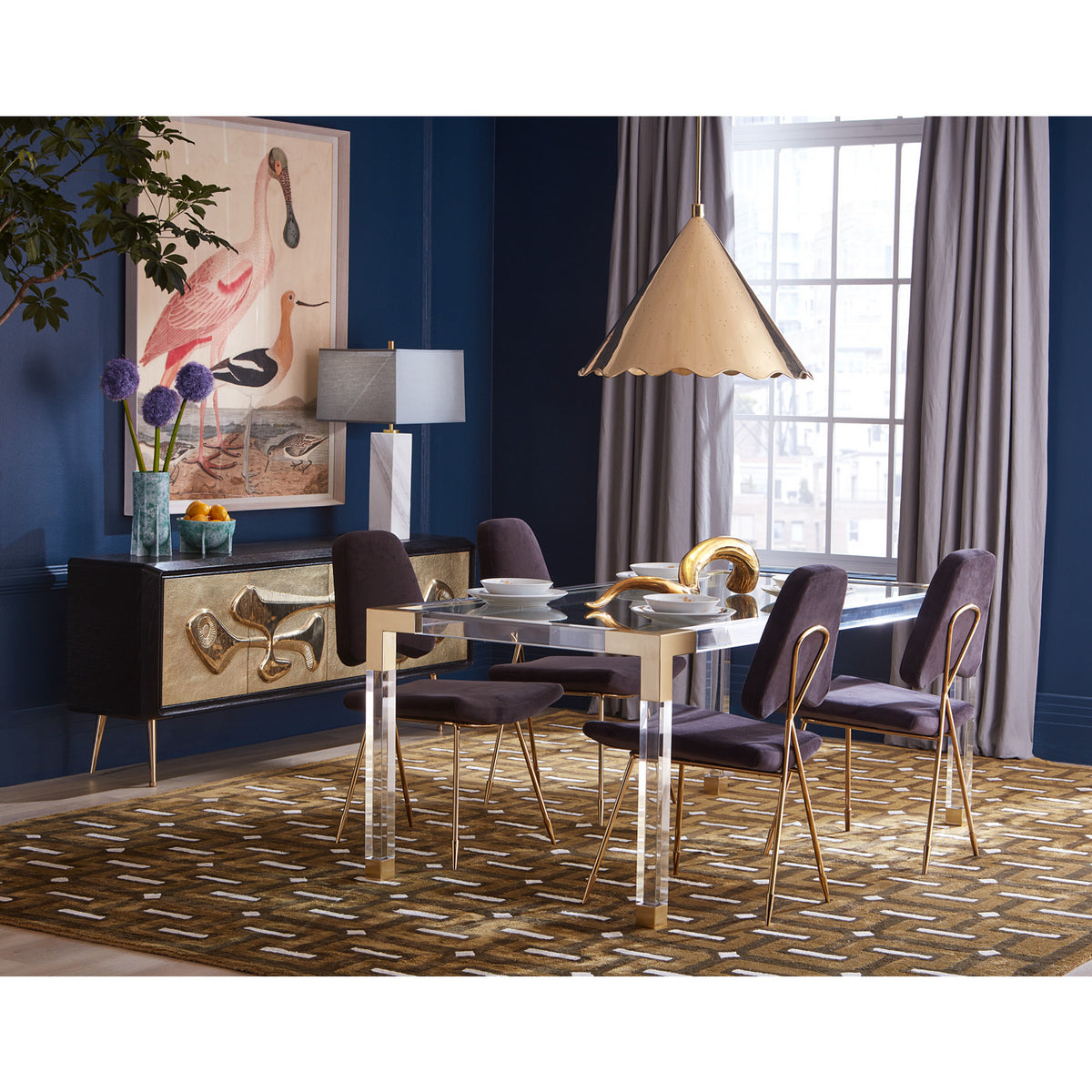giant brass horn jacques dining table maxime dining chairs - styled view