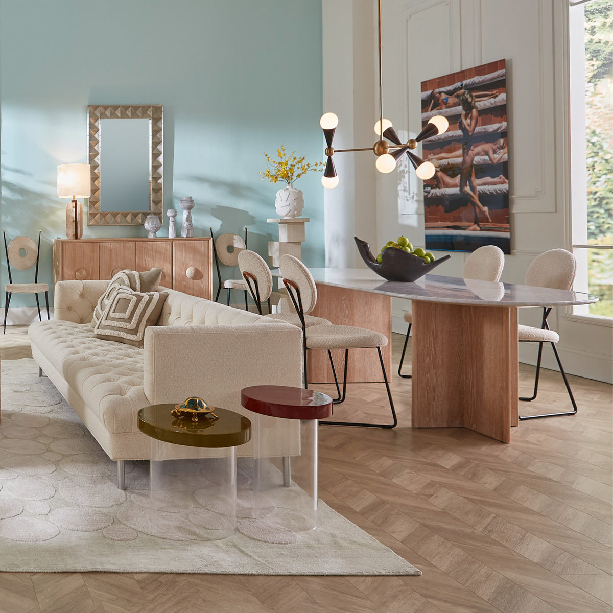 brussles t base dining table caprice dining chairs caracas six light chandelier - styled view