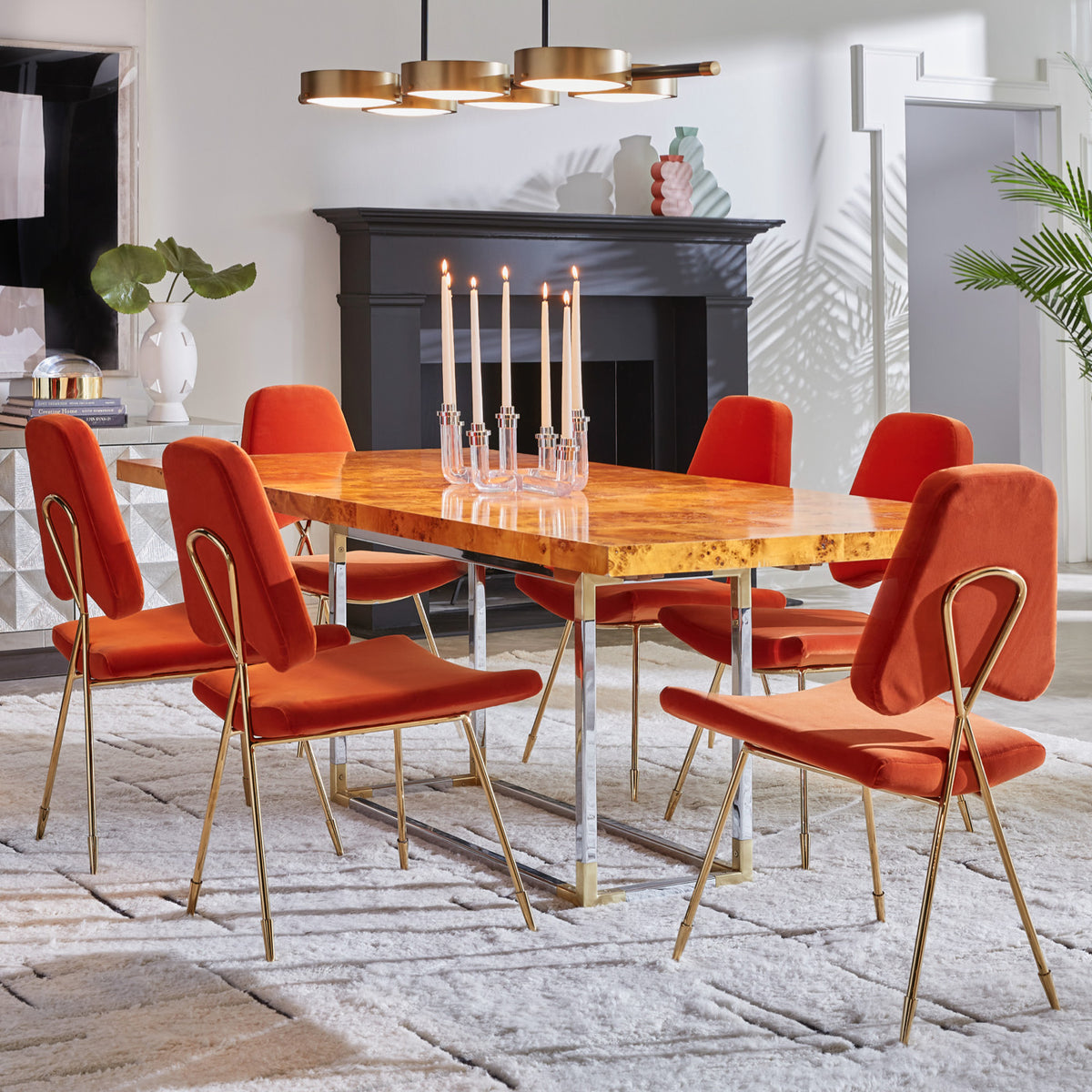 bond dining table maxime dining chairs industry chandelier - styled view