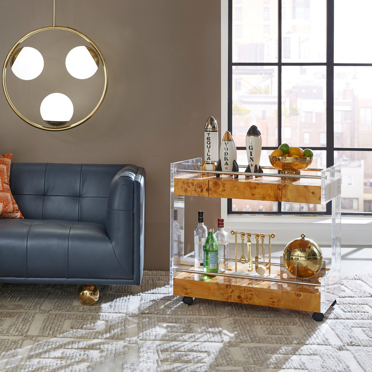 bond bar cart burl wood clear acrylic - angle view