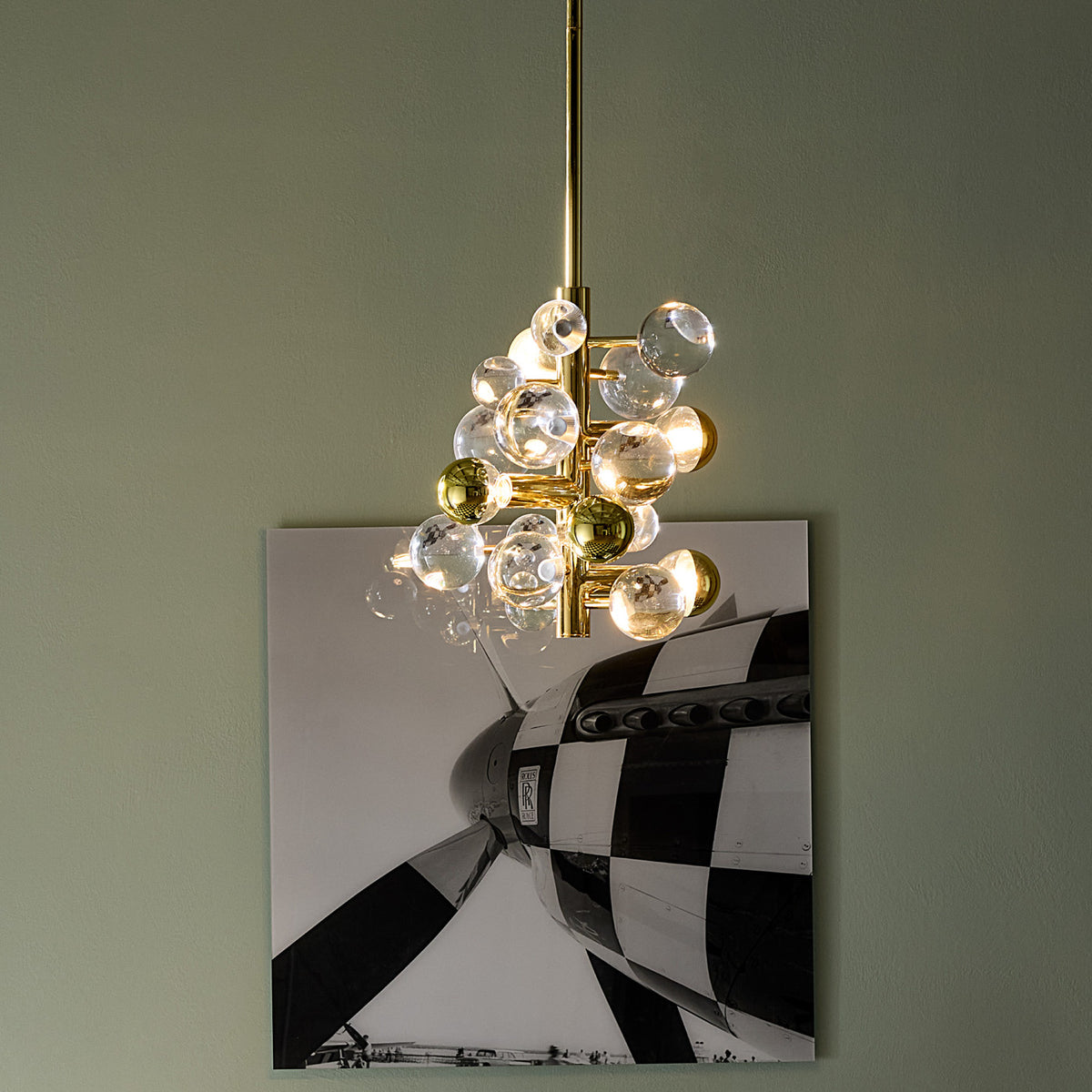 globo five-light chandelier acrylic clear brass - fall shot