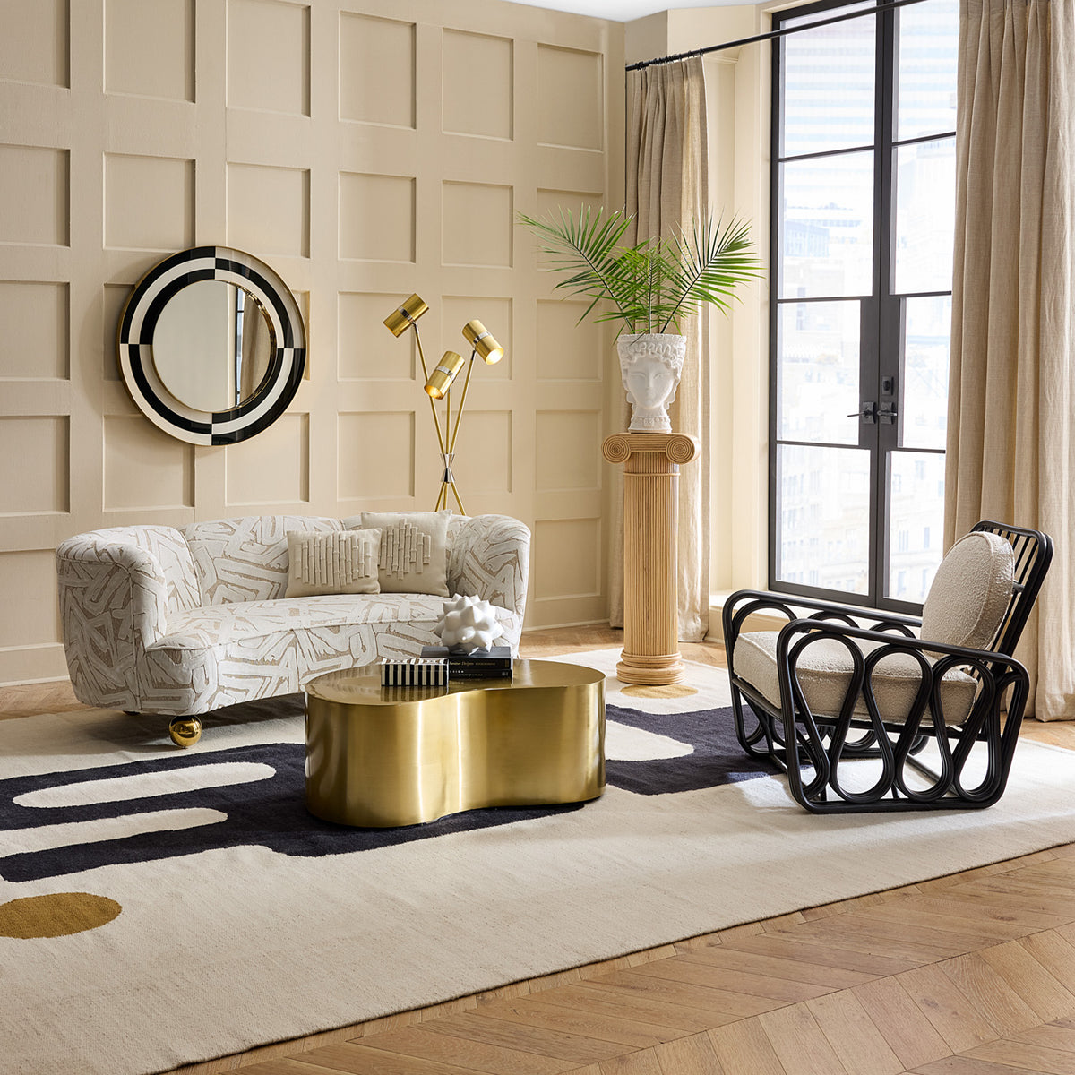 Op Art Mirror with Parker Curved Sofa