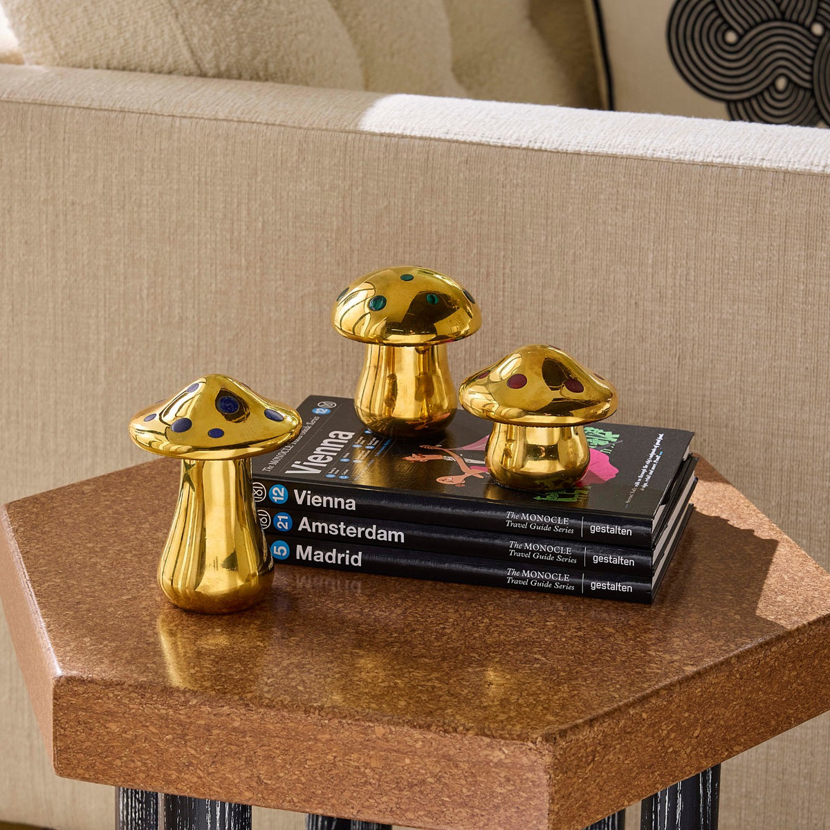 Brass Mushroom Small Boxes with Coliseum Table - styled view