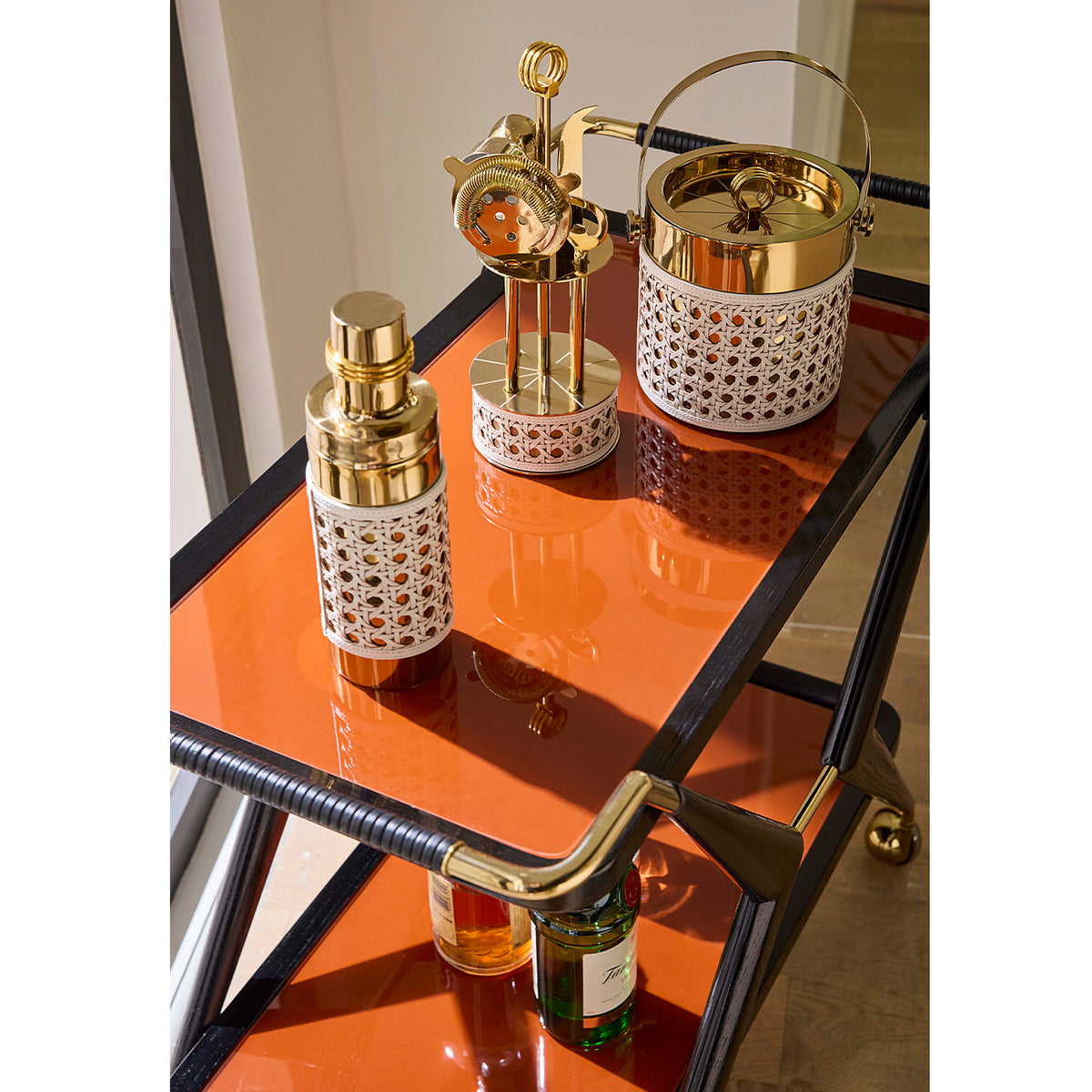 Basketweave Barware Set with Trocadero Bar Cart - styled view