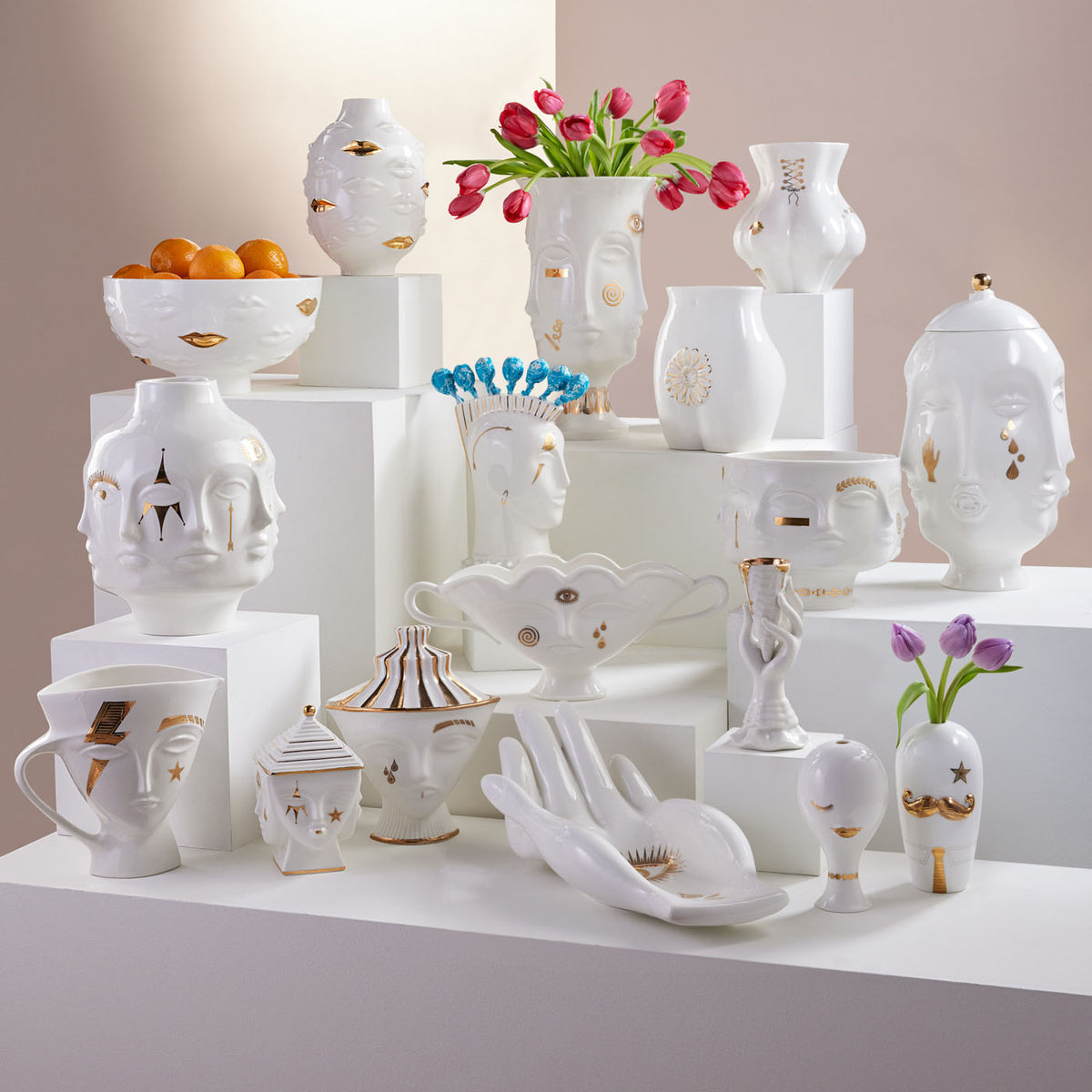 gilded i-scream vase trio with flowers dining table - styled view