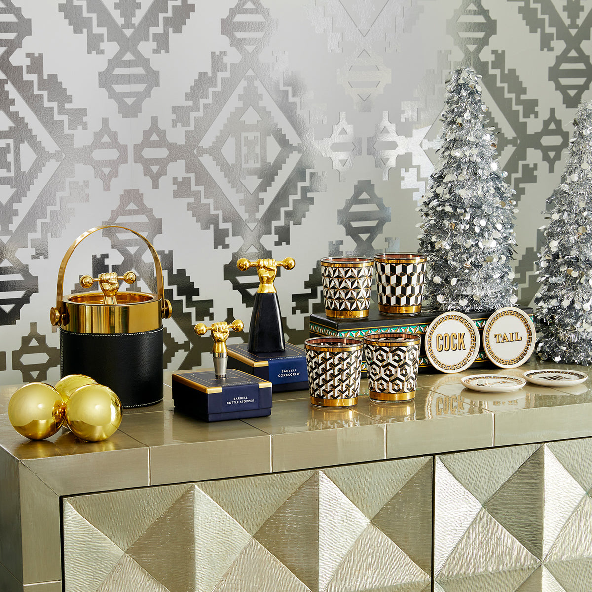 versailles glassware set barbell barware holiday - styled view