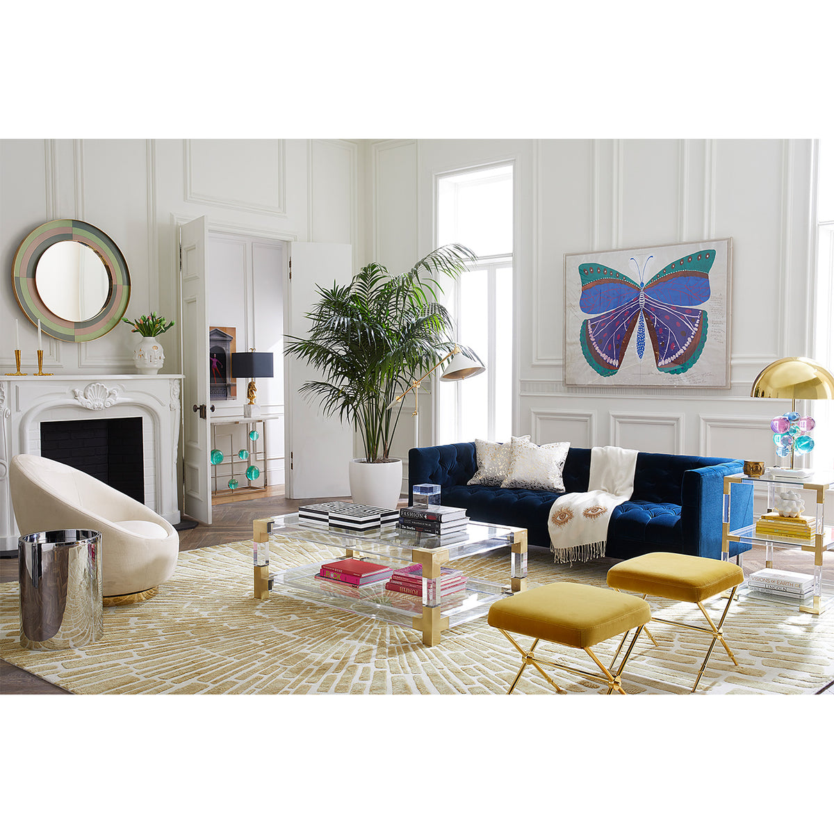 jacques grand cocktail table baxter sofa rider x-benches living room - styled view