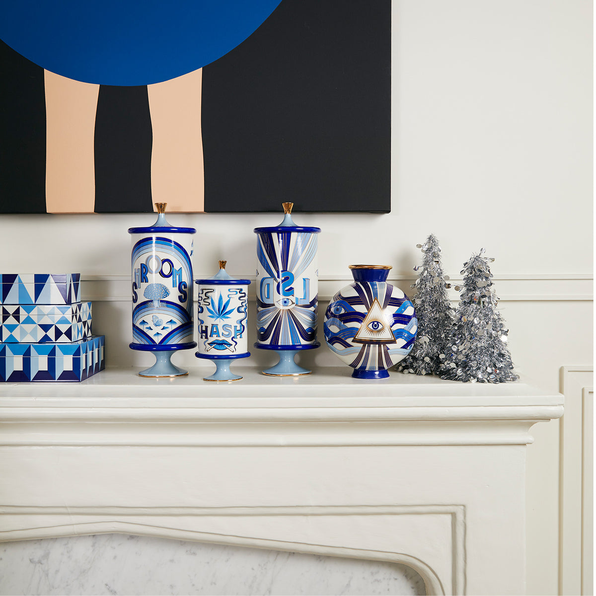 druggist pottery collection holiday vignette - styled view
