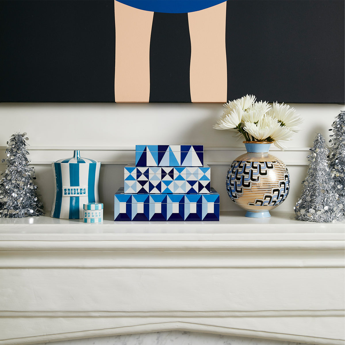 sorrento lacquer box collection stacked holiday mantle - styled view