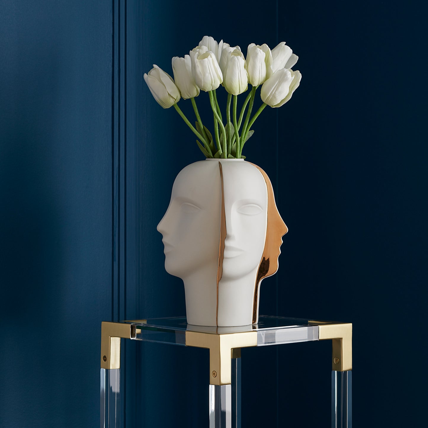 atlas split vase with tulips jacques pedestal - styled view