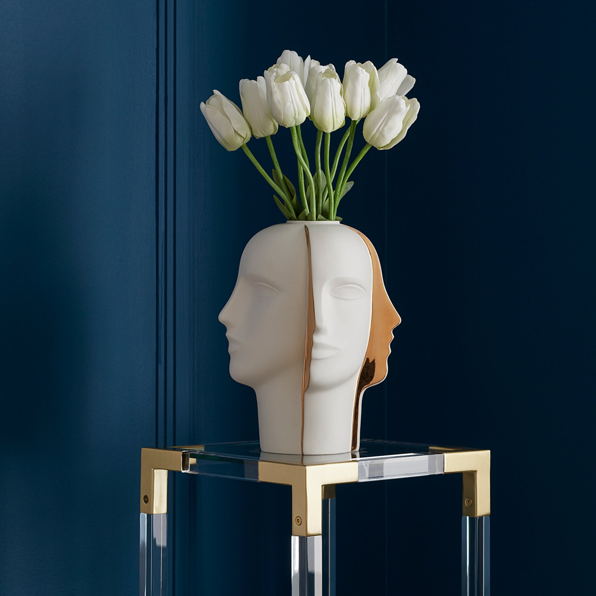 atlas split vase with tulips jacques pedestal - styled view